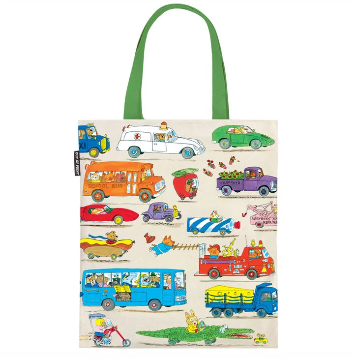 Natural canvas tote bag with green handles, printed with Richard Scarry's colourful cars and trucks, including an ambulance, bus and crocodile car