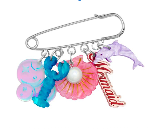 Tatty Devine seaside charm kilt pin with a lobster, shell, pearl, dolphin and 'Mermaid' charms