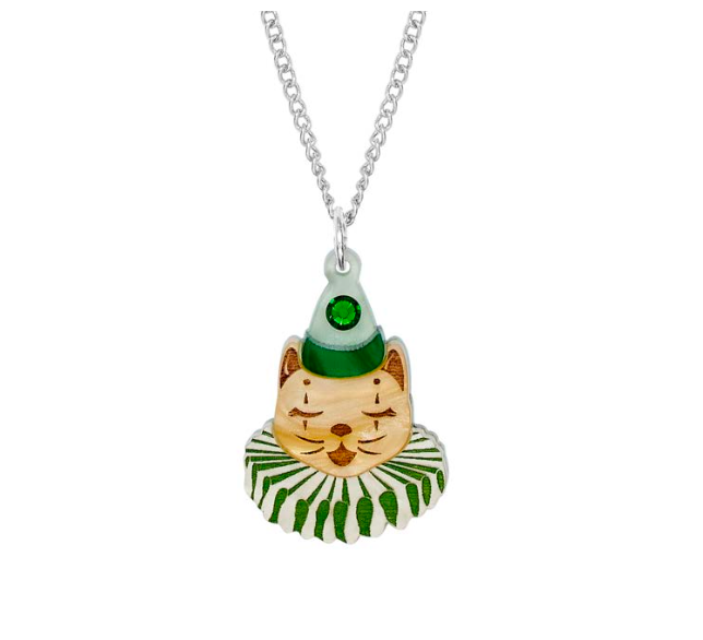 Tatty Devine circus cat pendant: a cat in a green clown hat and ruff