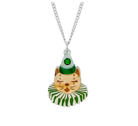 Tatty Devine circus cat pendant: a cat in a green clown hat and ruff
