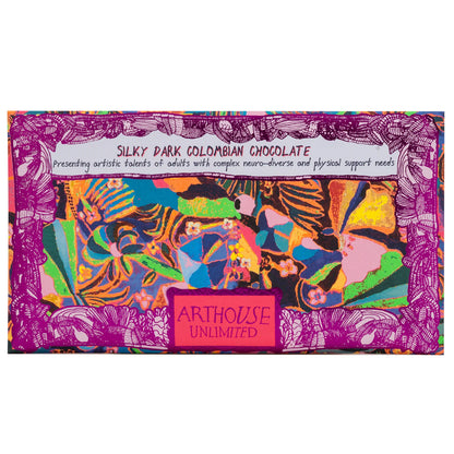 Arthouse Unlimited silky dark Colombian chocolate bar in a purple psychedelic wrapper