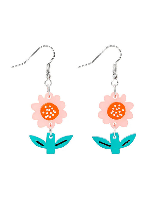 Tatty Devine x The Printed Peanut springtime flower earrings: orange flowers with green leaves