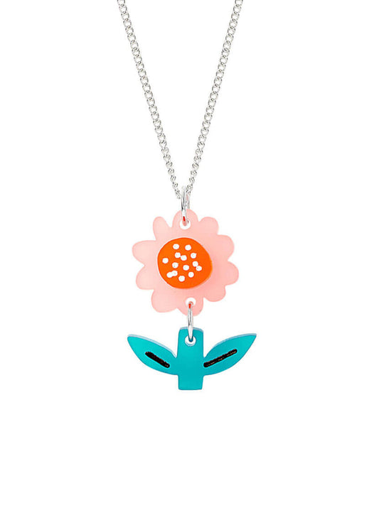 Tatty Devine x The Printed Peanut springtime flower pendant: an orange flower with green leaves