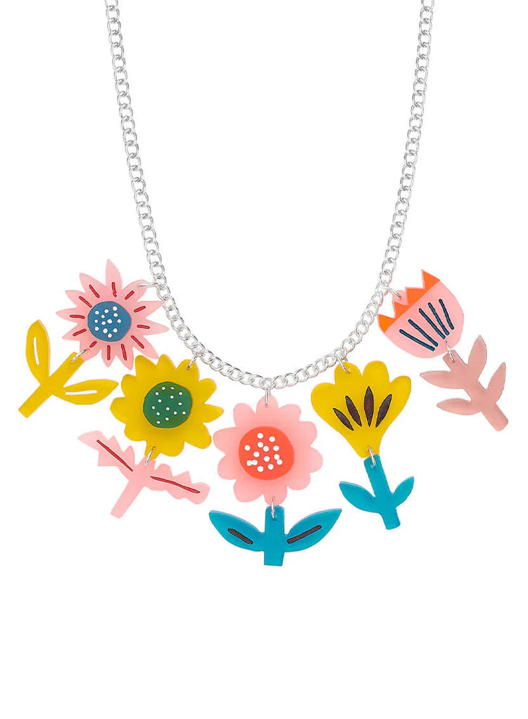 Necklace of colourful acrylic flowers in pink, yellow and blue on a silver chain