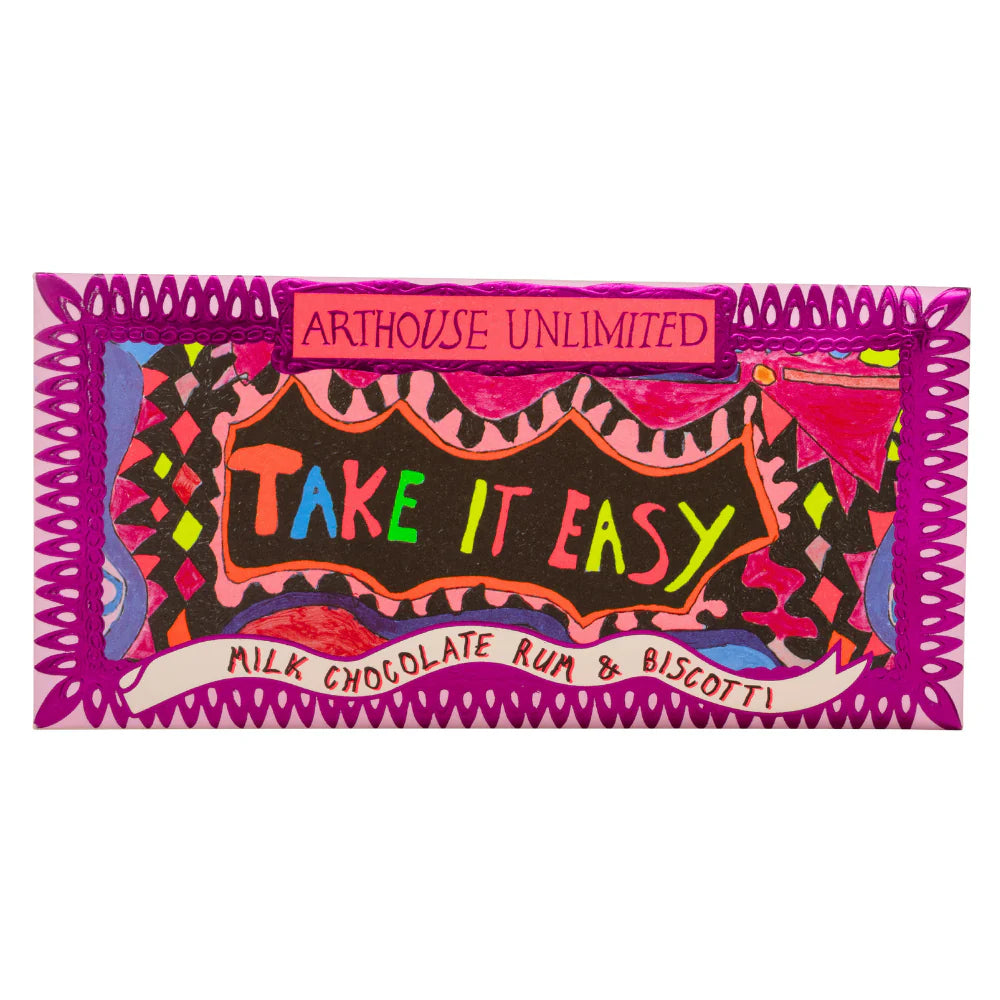 Arthouse Unlimited Take It Easy milk chocolate rum and biscotti mini bar in pink packaging