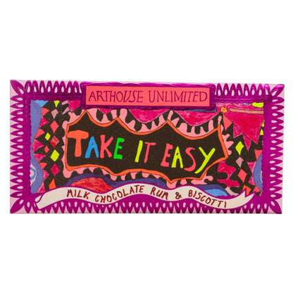 Arthouse Unlimited Take It Easy milk chocolate rum and biscotti mini bar in pink packaging