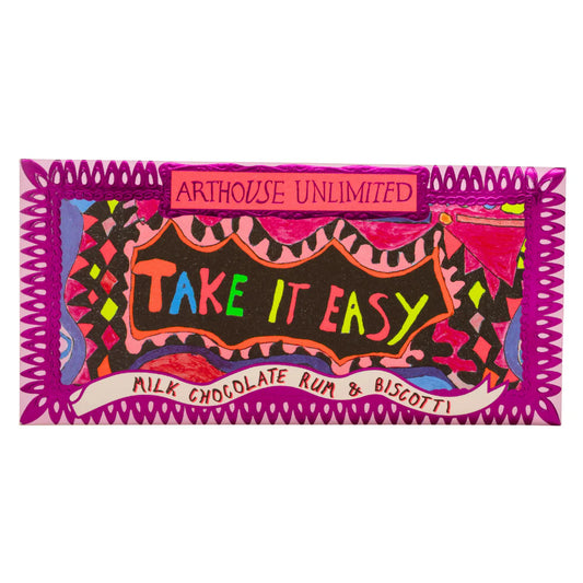 Arthouse Unlimited Take It Easy milk chocolate rum and biscotti mini bar in pink packaging