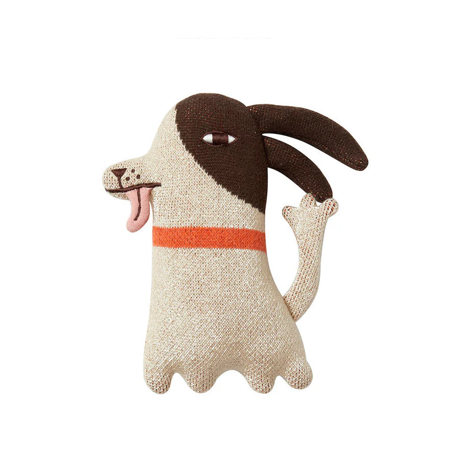 Donna Wilson Stanley dog Wee Ones toy: a knitted cream and brown dog with a red collar