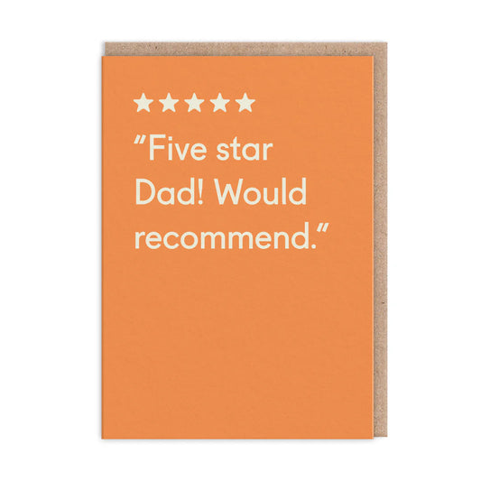 Ohh Deer card: five stars with '"Five star Dad! Would recommend."' on orange