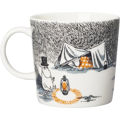 Other side of the Sleep Well mug: the lit tent and lantern under a dark sky