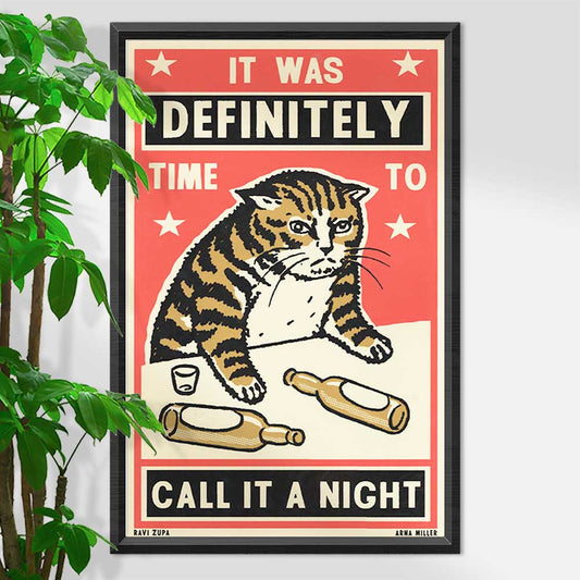 Framed screenprint of a tabby cat slumped by empty bottles: It was definitely time to call it a night