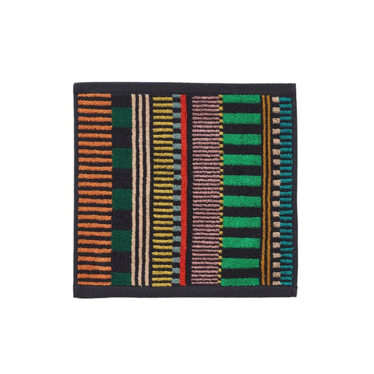 Donna Wilson face cloth in multicoloured stripes and dashes on black