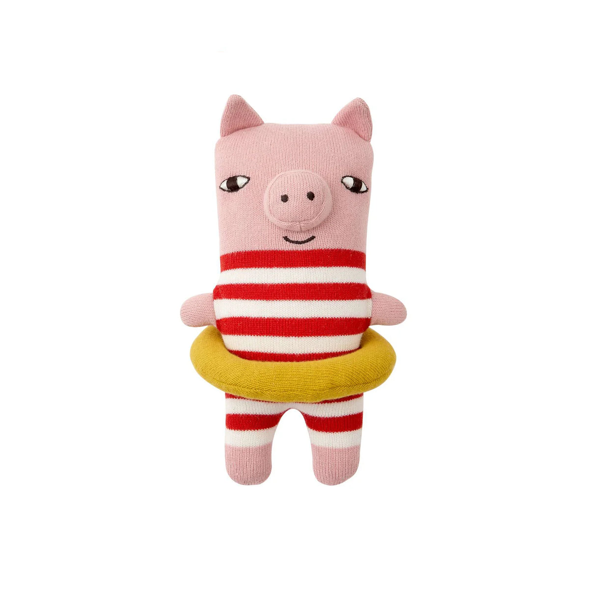 Donna Wilson Wee Ones Mitch Pig: a knitted pink pig in a striped swimsuit with a rubber ring