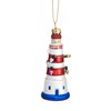 Glass Christmas bauble shaped like a red and white lighthouse
