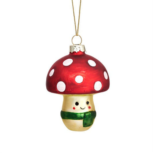 Glass Christmas bauble shaped like a smiling red and white toadstool with a green scarf