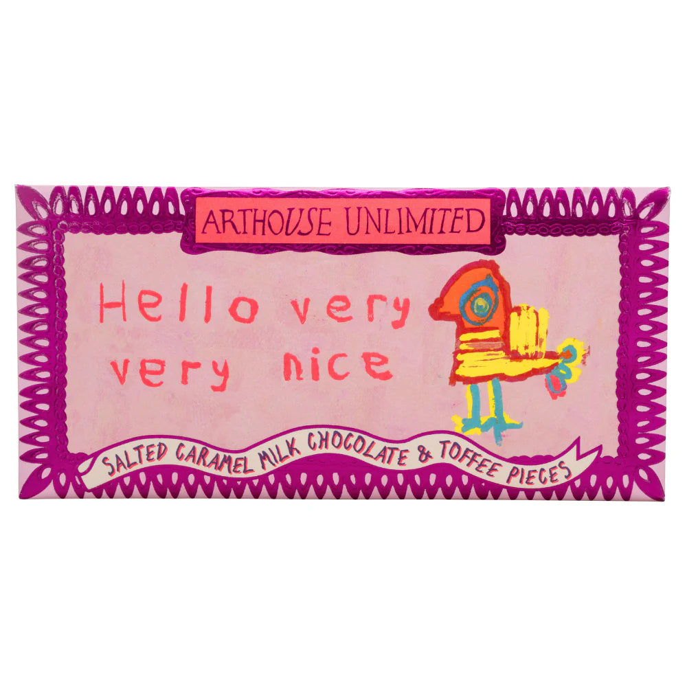 Arthouse Unlimited 'Hello very very nice' salted caramel milk chocolate mini bar in pink