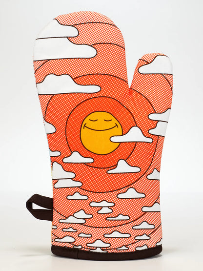 Back of the oven mitt with a sun and clouds in orange