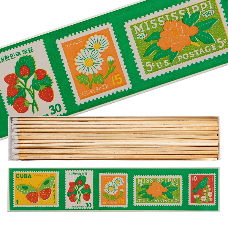 Archivist Stamp Collection long matches: box printed with vintage postage stamps of strawberries, daisies and flowers, open to show the long matches