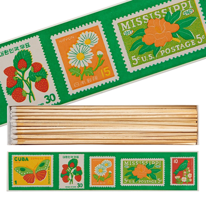 Archivist Stamp Collection long matches: box printed with vintage postage stamps of strawberries, daisies and flowers, open to show the long matches