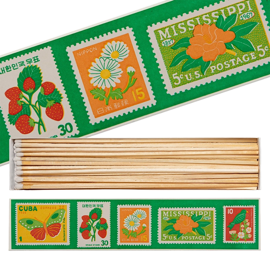 Archivist Stamp Collection long matches: box printed with vintage postage stamps of strawberries, daisies and flowers, open to show the long matches