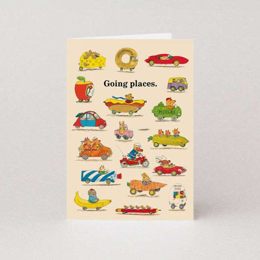 Richard Scarry card with animals in quirky vehicles: Going places.