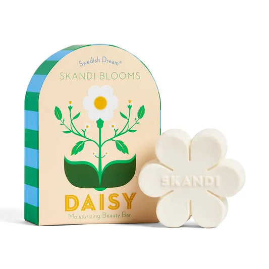 Swedish Dream Skandi Blooms daisy beauty bar: a flower-shaped soap beside its arched box