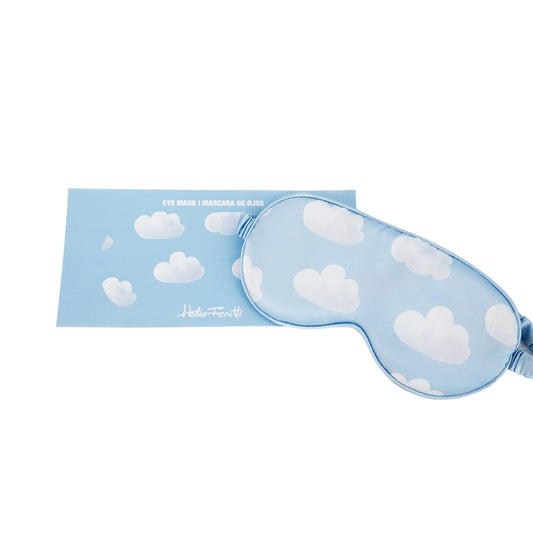 Helio Ferretti cloud sleep mask: pale blue with white clouds, on its card