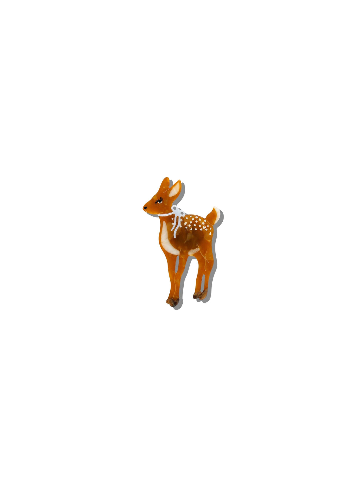 Hand-painted fawn brooch: a small orange-brown deer with white spots and a white bow at its neck