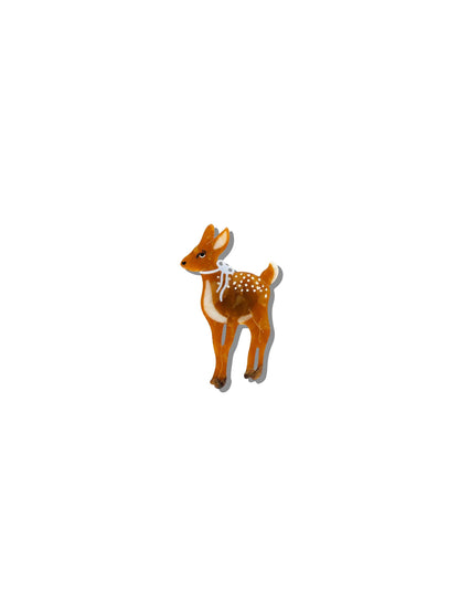 Hand-painted fawn brooch: a small orange-brown deer with white spots and a white bow at its neck