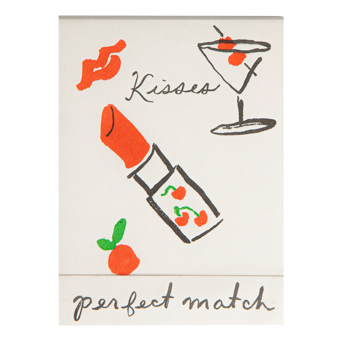Match book cover: a lipstick, lips and a cocktail: Kisses, perfect match