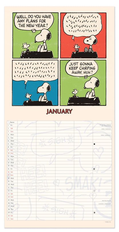 Family calendar open on January with a comic strip