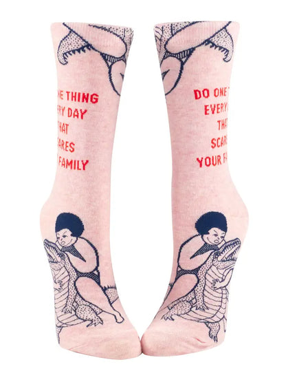 Front view of the Blue Q 'Do one thing every day that scares your family' socks