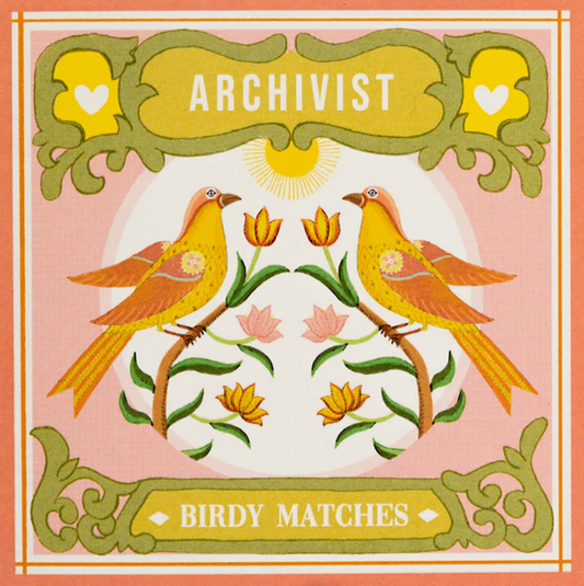 Archivist Birdy matches by Ariane: two yellow birds among tulips, with 'Birdy matches'