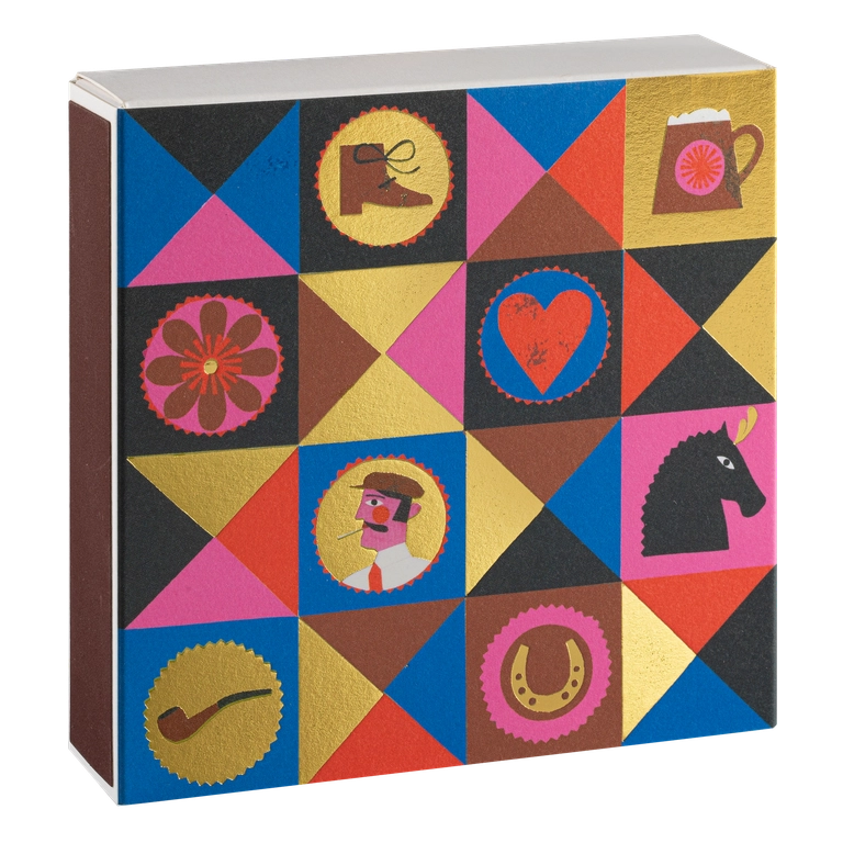 Colourful gentleman matchbox: a patchwork of triangles with a boot, mug, heart, horse, pipe, horseshoe and a moustached man