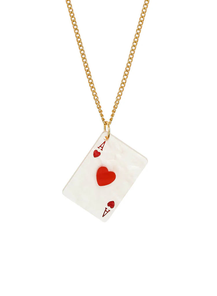 Tatty Devine ace of hearts playing card pendant on a gold chain