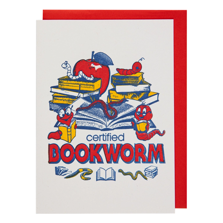 Archivist card: a bookworm among stacks of books and an apple, with 'Certified bookworm'