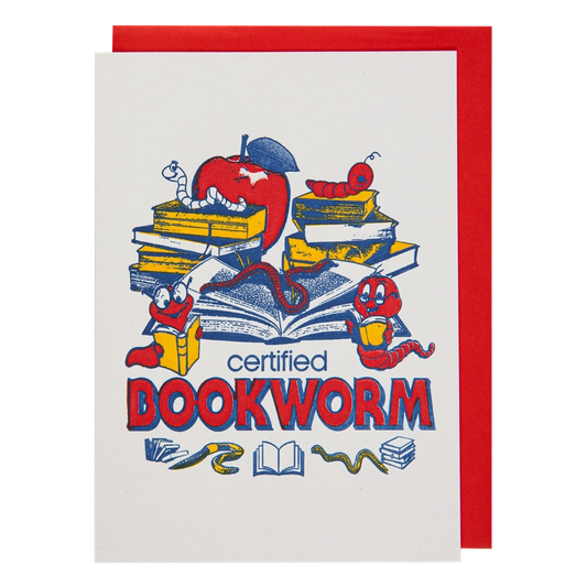 Archivist card: a bookworm among stacks of books and an apple, with 'Certified bookworm'