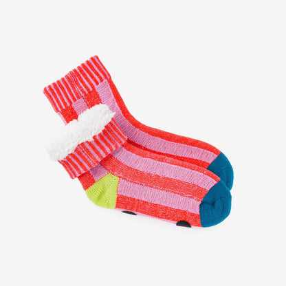 Big stripe house sock folded to show the fleecy lining
