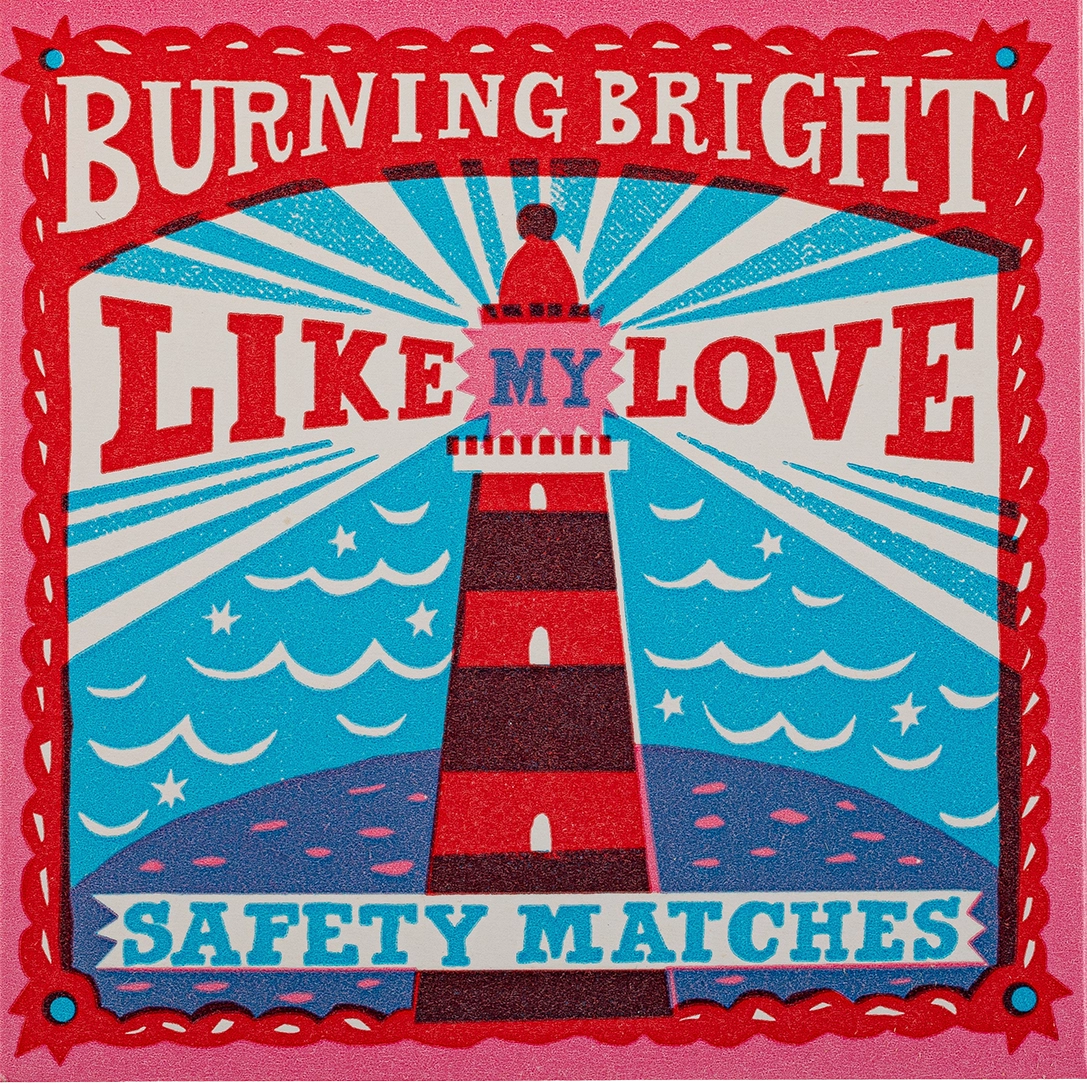 Archivist matchbox: a red and white lighthouse with 'Burning bright like my love – safety matches'