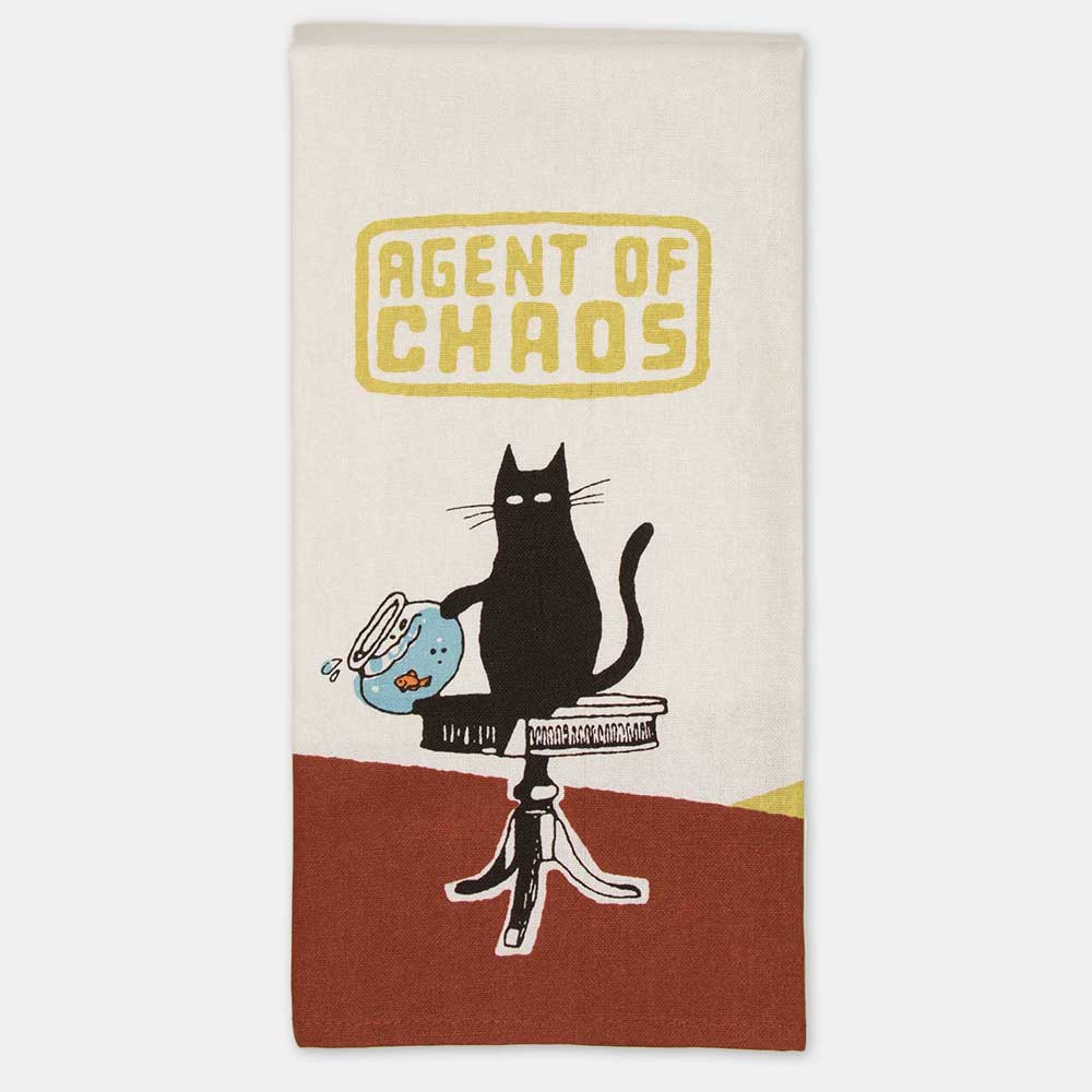 Blue Q tea towel, folded: a black cat knocking over a fishbowl, with 'Agent of chaos'