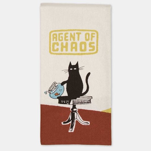 Blue Q tea towel, folded: a black cat knocking over a fishbowl, with 'Agent of chaos'