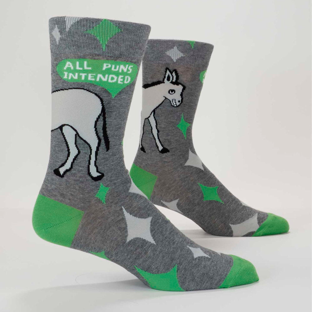 Blue Q men's socks: grey with a donkey and 'All puns intended', on leg forms