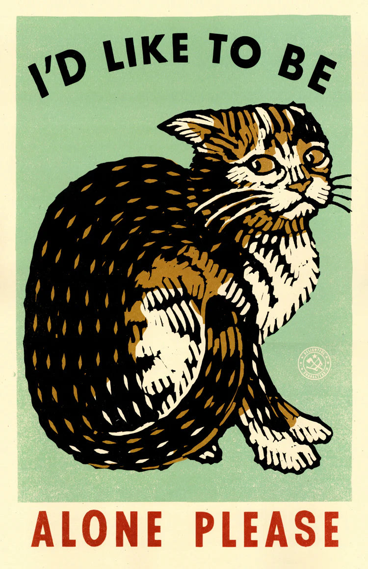 Ravi Zupa print: a tabby cat curled up and looking back, with 'I'd like to be alone please'