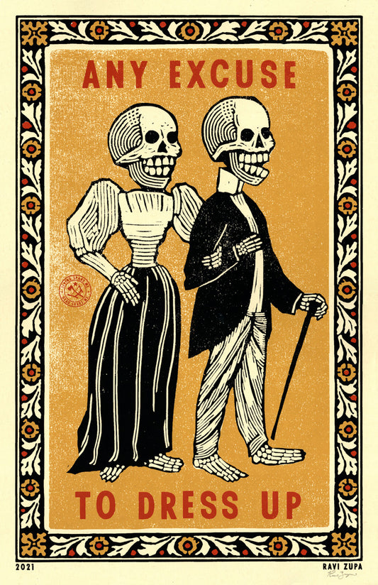 Screenprint of a skeleton couple in Victorian dress: Any excuse to dress up