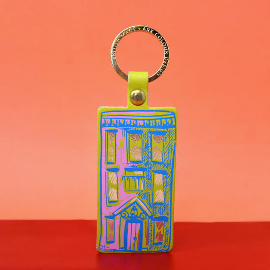 Ark acid green and pink apartment building leather key fob