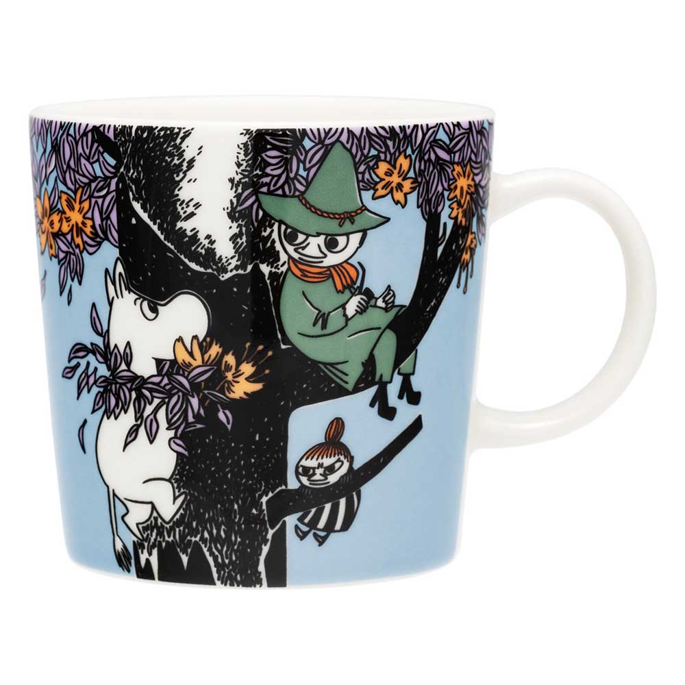 Blue Moomin Friends Forever 80 mug with Snufkin and Little My in a tree