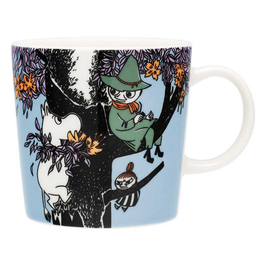 Blue Moomin Friends Forever 80 mug with Snufkin and Little My in a tree