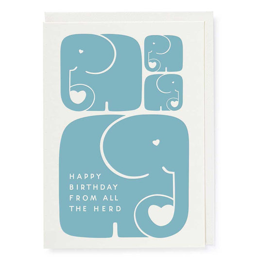 Card with blue elephants: Happy birthday from all the herd