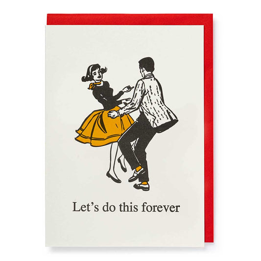 Card of a 1950s couple dancing: Let's do this forever