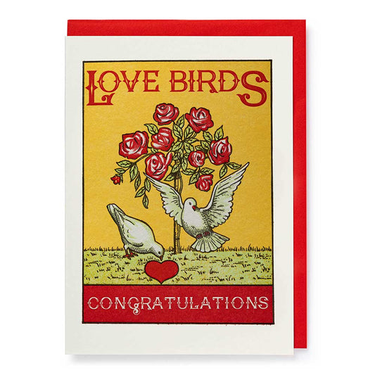 Archivist card: two doves beneath a rose bush, with 'Love birds' and 'Congratulations'